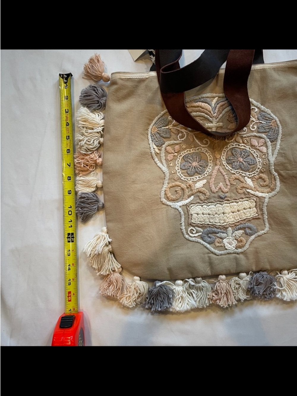 La Troupe Tulum Skull Tassel Tote Bag Bolso Calaca Verde Bordado Y - Picture 7 of 14